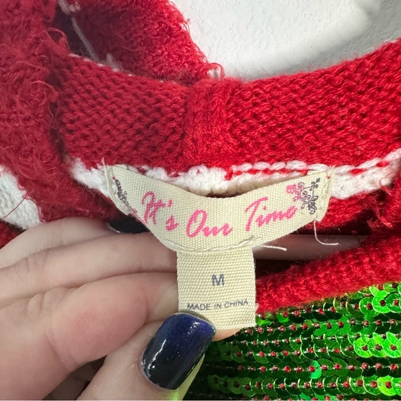 It’s Our Time Ugly Christmas Sweater Size Medium Elf Red Green Holiday Sequins - Picture 2 of 10